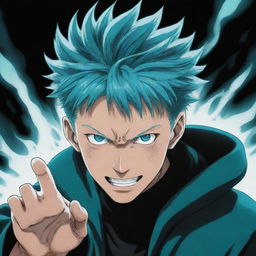 Illustration of Gojo Satoru from Jujutsu Kaisen radiating a turquoise aura of limitless energy