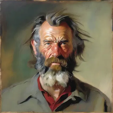 The artist painted a portrait of a rugged man with unkempt hair and an ungroomed beard.