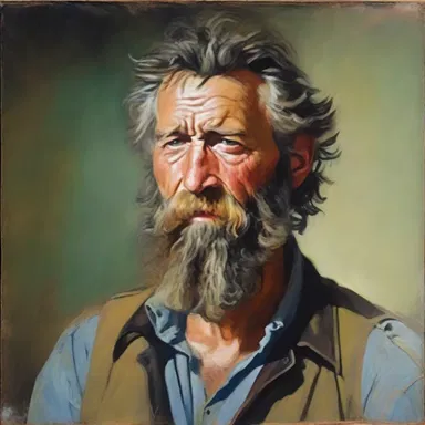 The artist painted a portrait of a rugged man with unkempt hair and an ungroomed beard.