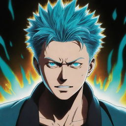 Illustration of Gojo Satoru from Jujutsu Kaisen radiating a turquoise aura of limitless energy