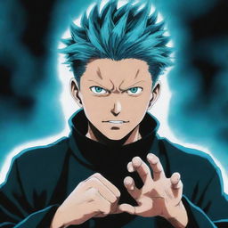 Illustration of Gojo Satoru from Jujutsu Kaisen radiating a turquoise aura of limitless energy