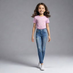 Extend the previously generated image to showcase a full-body illustration of the young girl. She's wearing comfortable casual attire suitable for play, standing confidently with a cheerful demeanor.