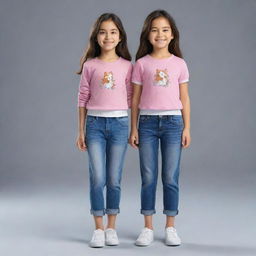 Extend the previously generated image to showcase a full-body illustration of the young girl. She's wearing comfortable casual attire suitable for play, standing confidently with a cheerful demeanor.