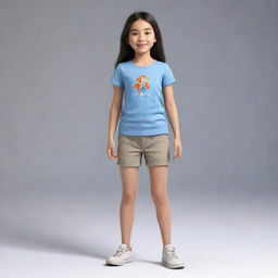 Extend the previously generated image to showcase a full-body illustration of the young girl. She's wearing comfortable casual attire suitable for play, standing confidently with a cheerful demeanor.