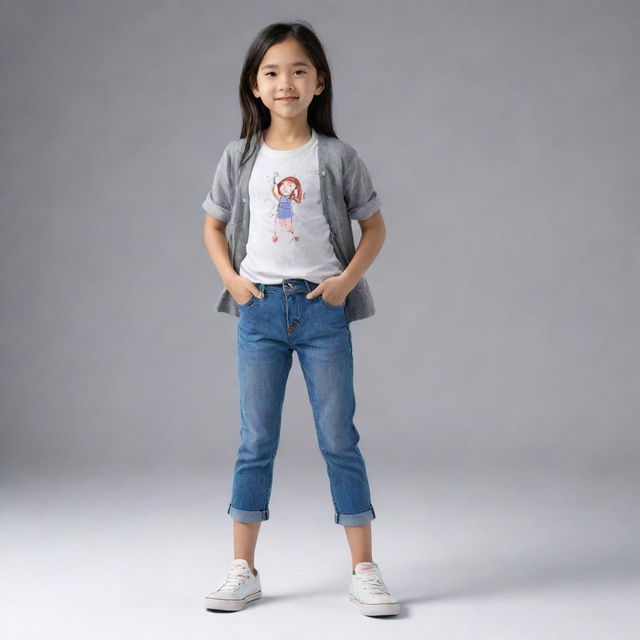 Extend the previously generated image to showcase a full-body illustration of the young girl. She's wearing comfortable casual attire suitable for play, standing confidently with a cheerful demeanor.