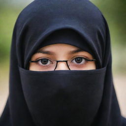 A young girl with her face covered by a niqab, donning a black hijab and stylish glasses