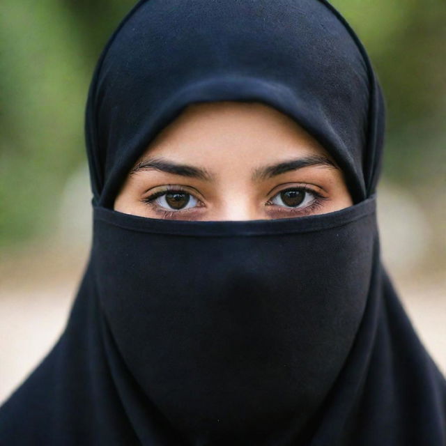 A young girl with her face covered by a niqab, donning a black hijab and stylish glasses