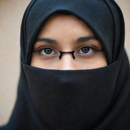 A young girl with her face covered by a niqab, donning a black hijab and stylish glasses