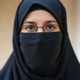 A young girl with her face covered by a niqab, donning a black hijab and stylish glasses