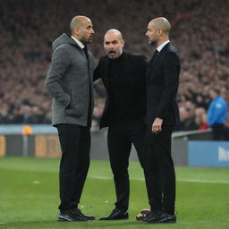 An intense tactical football conflict between Pep Guardiola and Peter Dezerby, with their opposing teams on the field in vivid detail and the two managers involved in a deep strategy discussion on the sidelines.