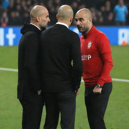 An intense tactical football conflict between Pep Guardiola and Peter Dezerby, with their opposing teams on the field in vivid detail and the two managers involved in a deep strategy discussion on the sidelines.