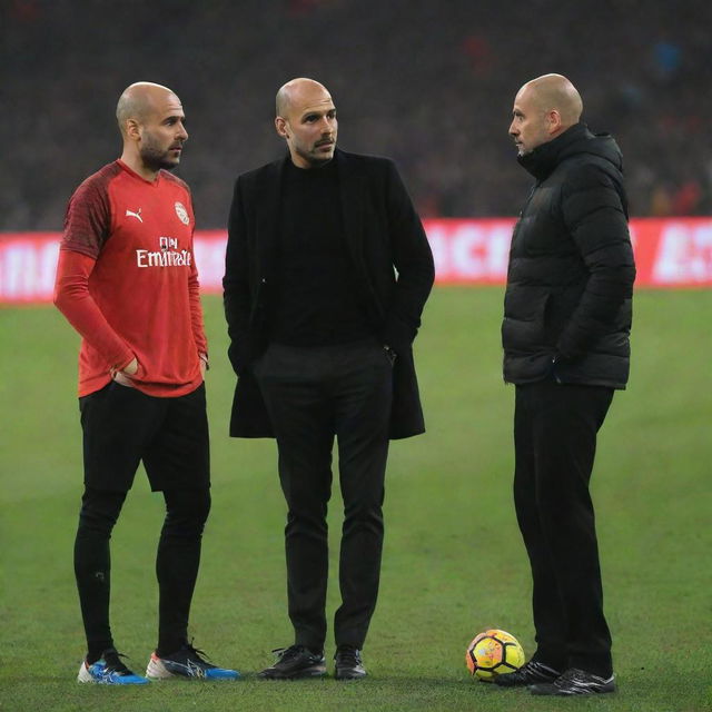 An intense tactical football conflict between Pep Guardiola and Peter Dezerby, with their opposing teams on the field in vivid detail and the two managers involved in a deep strategy discussion on the sidelines.