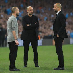 An intense tactical football conflict between Pep Guardiola and Peter Dezerby, with their opposing teams on the field in vivid detail and the two managers involved in a deep strategy discussion on the sidelines.