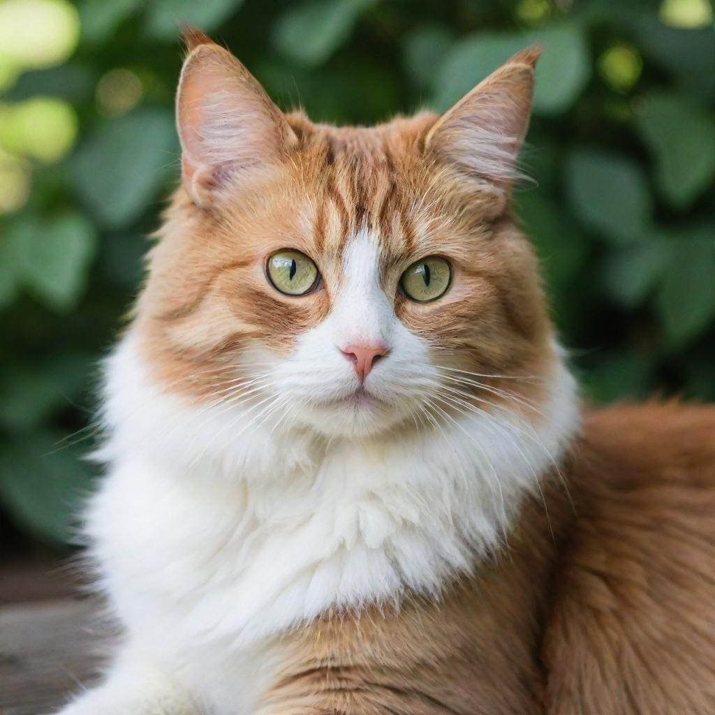 Portrait of a graceful cat, with bright eyes and lush fur, sitting in a serene setting.