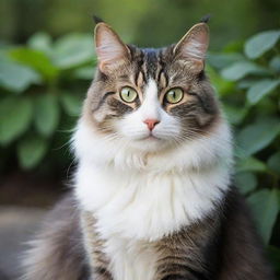 Portrait of a graceful cat, with bright eyes and lush fur, sitting in a serene setting.