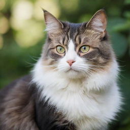 Portrait of a graceful cat, with bright eyes and lush fur, sitting in a serene setting.