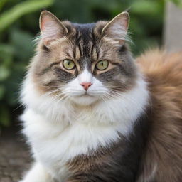 Portrait of a graceful cat, with bright eyes and lush fur, sitting in a serene setting.