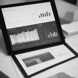 A black and white image of a research interface that is focused on renewable energies. Incorporating elements such as wind turbines, solar panels, and graphs representing energy output data.