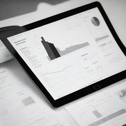 A black and white image of a research interface that is focused on renewable energies. Incorporating elements such as wind turbines, solar panels, and graphs representing energy output data.