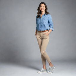 A detailed, full body illustration of a young adult woman standing tall and confident, wearing a tastefully casual outfit. Display youthful energy through her pose and facial expression, while showcasing an adult maturity.