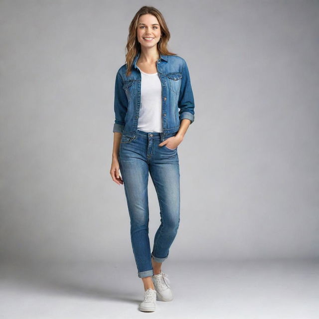 A detailed, full body illustration of a young adult woman standing tall and confident, wearing a tastefully casual outfit. Display youthful energy through her pose and facial expression, while showcasing an adult maturity.