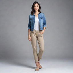 A detailed, full body illustration of a young adult woman standing tall and confident, wearing a tastefully casual outfit. Display youthful energy through her pose and facial expression, while showcasing an adult maturity.