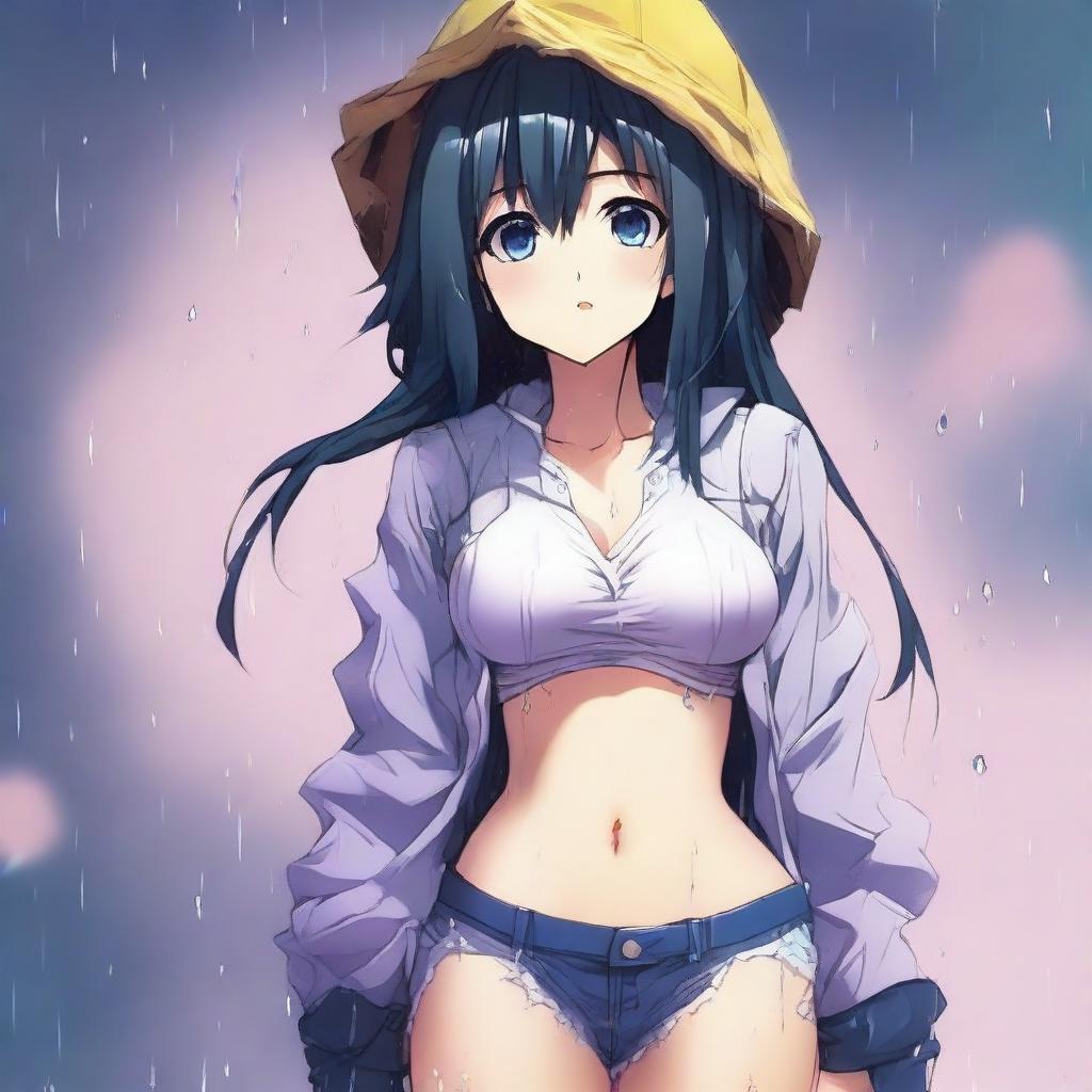 This digital art image features an anime girl who appears to have wet pants, but there's no sign of rain