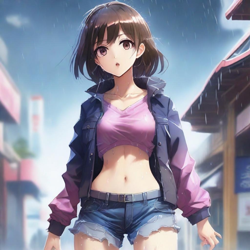 This digital art image features an anime girl who appears to have wet pants, but there's no sign of rain