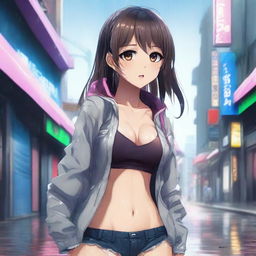 This digital art image features an anime girl who appears to have wet pants, but there's no sign of rain