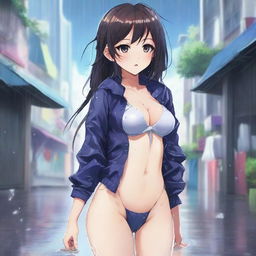 This digital art image features an anime girl who appears to have wet pants, but there's no sign of rain