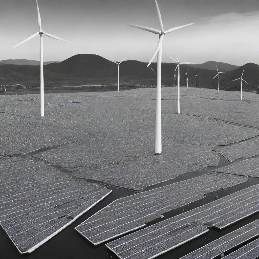 An array of renewable energy sources including solar panels, wind turbines, and hydroelectric dams illustrated in a black and white style.