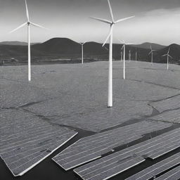 An array of renewable energy sources including solar panels, wind turbines, and hydroelectric dams illustrated in a black and white style.