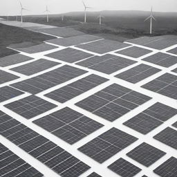 An array of renewable energy sources including solar panels, wind turbines, and hydroelectric dams illustrated in a black and white style.