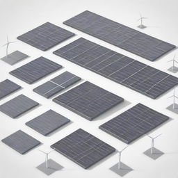 An array of renewable energy sources including solar panels, wind turbines, and hydroelectric dams illustrated in a black and white style.