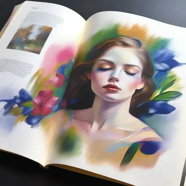 In the art book, a beautiful painting is displayed on the facing pages to create a stunning visual effect.