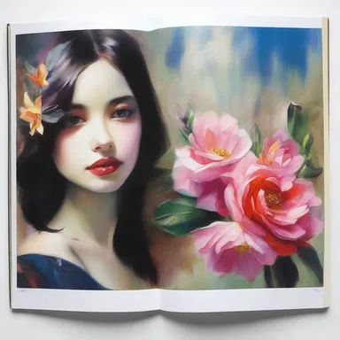 In the art book, a beautiful painting is displayed on the facing pages to create a stunning visual effect.