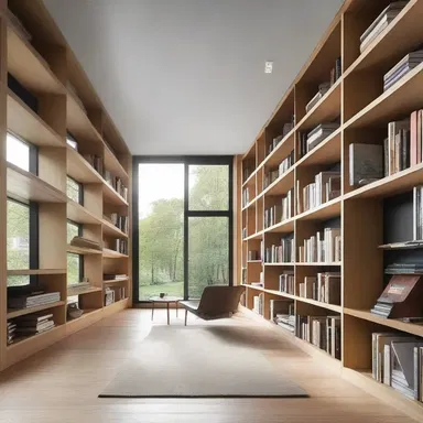 The architect designed a spacious layout with large windows, allowing natural light to illuminate the facing pages of the bookshelf.