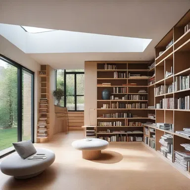 The architect designed a spacious layout with large windows, allowing natural light to illuminate the facing pages of the bookshelf.