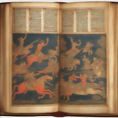 The ancient manuscript depicts a legendary battle between gods on the facing pages, illustrating the epic tales of mythology.