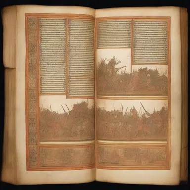 The ancient manuscript depicts a legendary battle between gods on the facing pages, illustrating the epic tales of mythology.