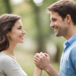 A loving couple, holding hands and looking at each other affectionately against a softly blurred background