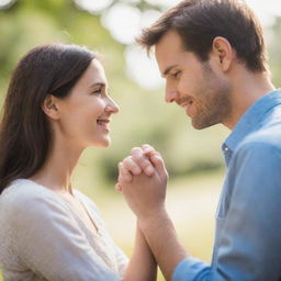 A loving couple, holding hands and looking at each other affectionately against a softly blurred background