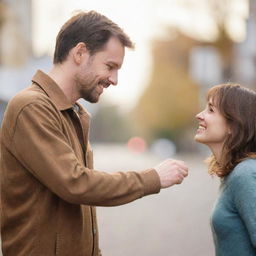 A loving couple, holding hands and looking at each other affectionately against a softly blurred background