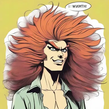 In the comic strip, the character's pilosity is exaggerated with huge, untamed hair.