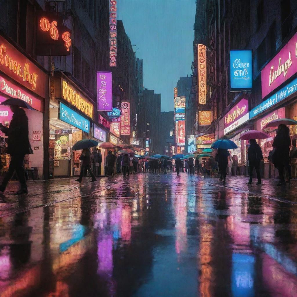 A vibrant city street lit up with neon signs, as rain gently falls, reflecting the lights. People with colorful umbrellas are busily shopping and a subtle image of money floating in puddles on the ground.