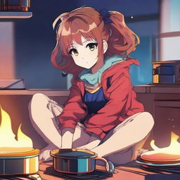 A high-quality digital art image of an anime girl casually sitting atop a lit stove