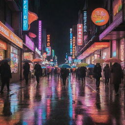 A vibrant city street lit up with neon signs, as rain gently falls, reflecting the lights. People with colorful umbrellas are busily shopping and a subtle image of money floating in puddles on the ground.