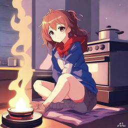 A high-quality digital art image of an anime girl casually sitting atop a lit stove