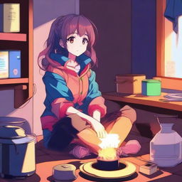 A high-quality digital art image of an anime girl casually sitting atop a lit stove