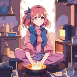 A high-quality digital art image of an anime girl casually sitting atop a lit stove